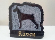 Polished black granite plaque in memory of Raven the Doberman pinscher