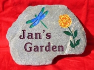 Chan's garden stone with a dragonfly in the Mary gold