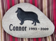Connor the collie, engraved on a River rock