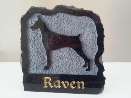 Polished black granite plaque in memory of Raven the Doberman pinscher